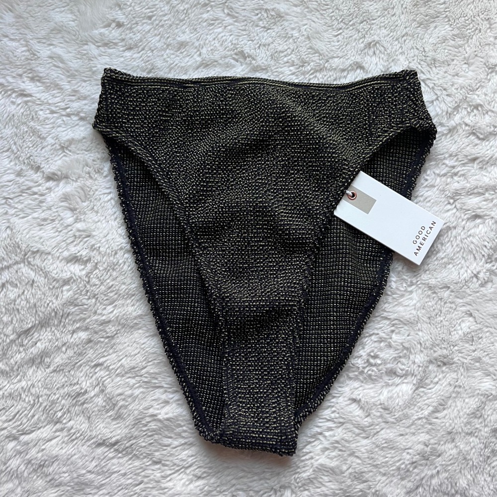 Good American Womens Metallic High Waisted Bikini Bottom Black Gold Size 1/2 NEW